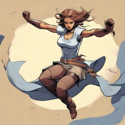 A detailed and dynamic illustration of a character named Rebecca in an action pose, showcasing her strength and agility