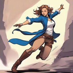 A detailed and dynamic illustration of a character named Rebecca in an action pose, showcasing her strength and agility