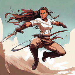 A detailed and dynamic illustration of a character named Rebecca in an action pose, showcasing her strength and agility