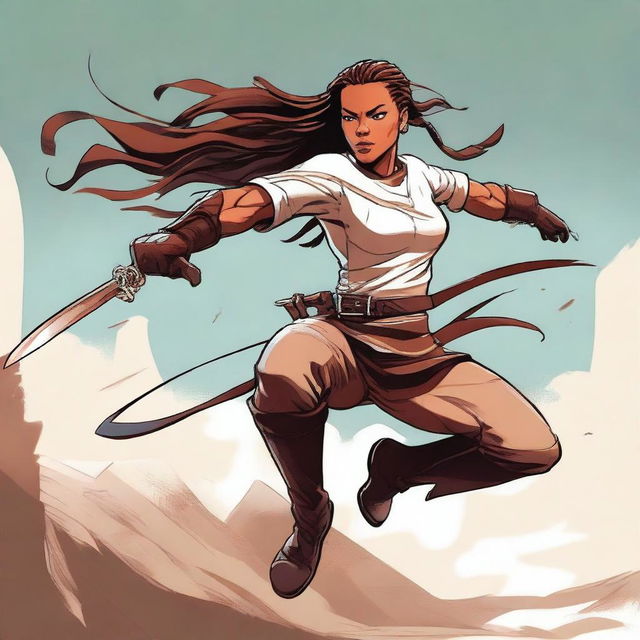 A detailed and dynamic illustration of a character named Rebecca in an action pose, showcasing her strength and agility