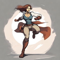 A detailed and dynamic illustration of a character named Rebecca in an action pose, showcasing her strength and agility