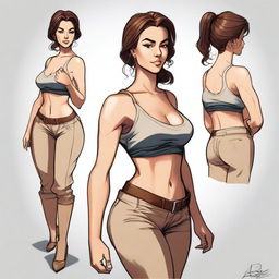 A detailed and dynamic illustration of a character named Rebecca in a confident and alluring pose