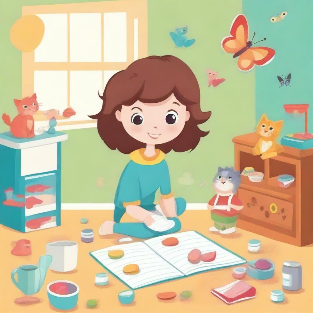 Create a background for the introduction of an A5 book chapter featuring a boy playing football, a girl playing with a toy kitchen set, and a cat chasing a butterfly