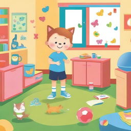 Create a background for the introduction of an A5 book chapter featuring a boy playing football, a girl playing with a toy kitchen set, and a cat chasing a butterfly