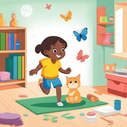 Create a background for the introduction of an A5 book chapter featuring a boy playing football, a girl playing with a toy kitchen set, and a cat chasing a butterfly