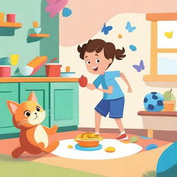 Create a background for the introduction of an A5 book chapter featuring a boy playing football, a girl playing with a toy kitchen set, and a cat chasing a butterfly