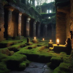 An intricate and mysterious labyrinth filled with echoes, ancient stone walls covered in moss, and dimly lit by flickering torches