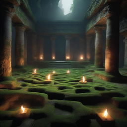 An intricate and mysterious labyrinth filled with echoes, ancient stone walls covered in moss, and dimly lit by flickering torches