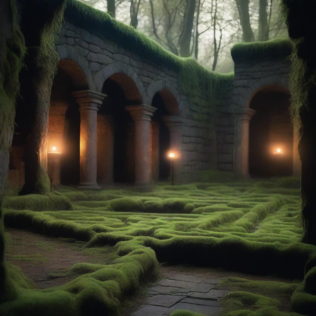 An intricate and mysterious labyrinth filled with echoes, ancient stone walls covered in moss, and dimly lit by flickering torches