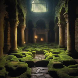 An intricate and mysterious labyrinth filled with echoes, ancient stone walls covered in moss, and dimly lit by flickering torches