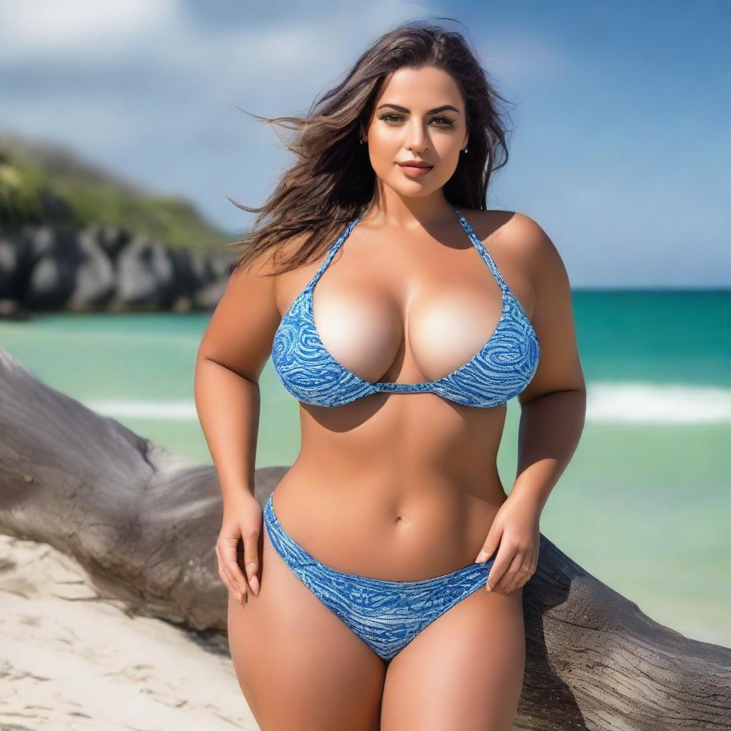 A sensual and beautiful woman with a curvaceous body, wearing a micro bikini, posed in a way that highlights her big breasts and overall attractiveness