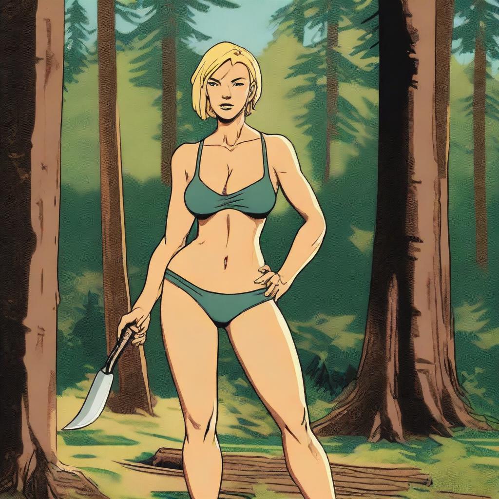 A strong and determined woman stands in a forest clearing, wearing a two-piece bikini