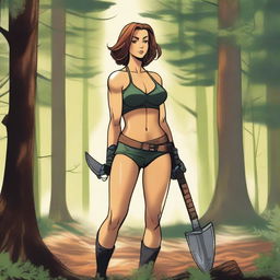 A strong and determined woman stands in a forest clearing, wearing a two-piece bikini