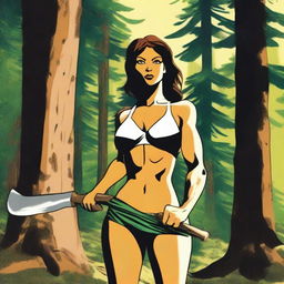 A strong and determined woman stands in a forest clearing, wearing a two-piece bikini