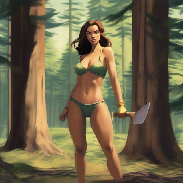 A strong and determined woman stands in a forest clearing, wearing a two-piece bikini