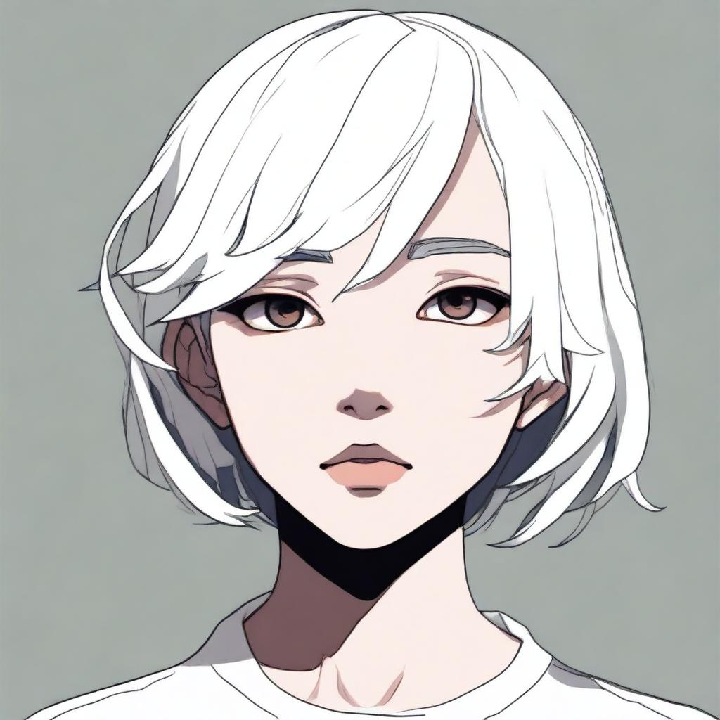 A single girl with short white hair and black eyes, displaying a gloomy expression