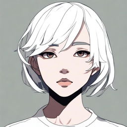 A single girl with short white hair and black eyes, displaying a gloomy expression