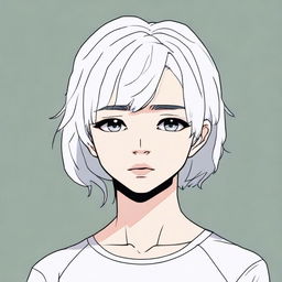 A single girl with short white hair and black eyes, displaying a gloomy expression