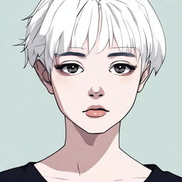 A single girl with short white hair and black eyes, displaying a gloomy expression