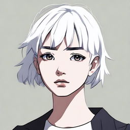 A single girl with short white hair and black eyes, displaying a gloomy expression