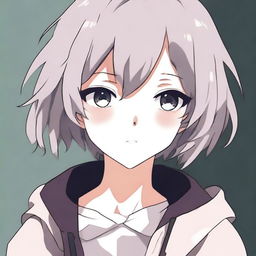 An anime-style illustration of a girl with short, disheveled gray hair and black eyes