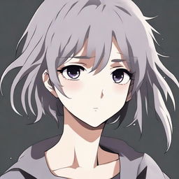 An anime-style illustration of a girl with short, disheveled gray hair and black eyes