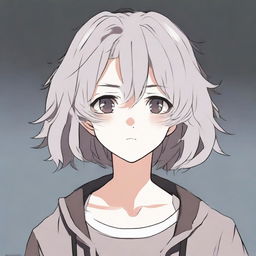 An anime-style illustration of a girl with short, disheveled gray hair and black eyes