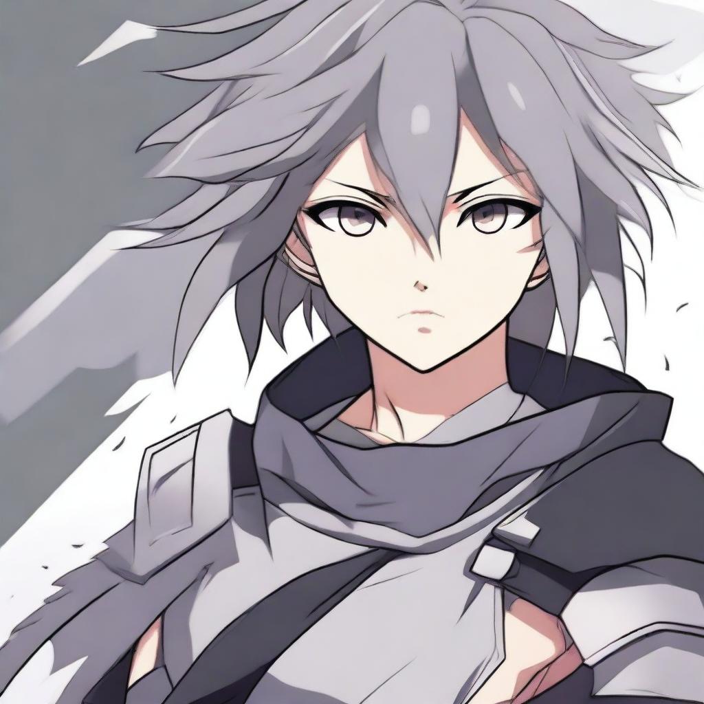 An anime-style illustration of a girl with gray, short, and disheveled hair