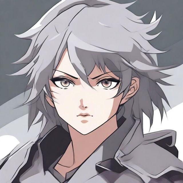 An anime-style illustration of a girl with gray, short, and disheveled hair