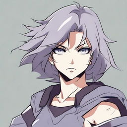 An anime-style illustration of a girl with gray, short, and disheveled hair