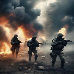 A chaotic battlefield scene with soldiers in combat, explosions, and smoke filling the air