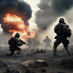 A chaotic battlefield scene with soldiers in combat, explosions, and smoke filling the air