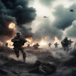 A chaotic battlefield scene with soldiers in combat, explosions, and smoke filling the air