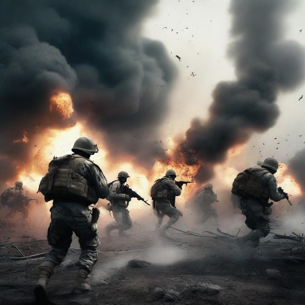 A chaotic battlefield scene with soldiers in combat, explosions, and smoke filling the air