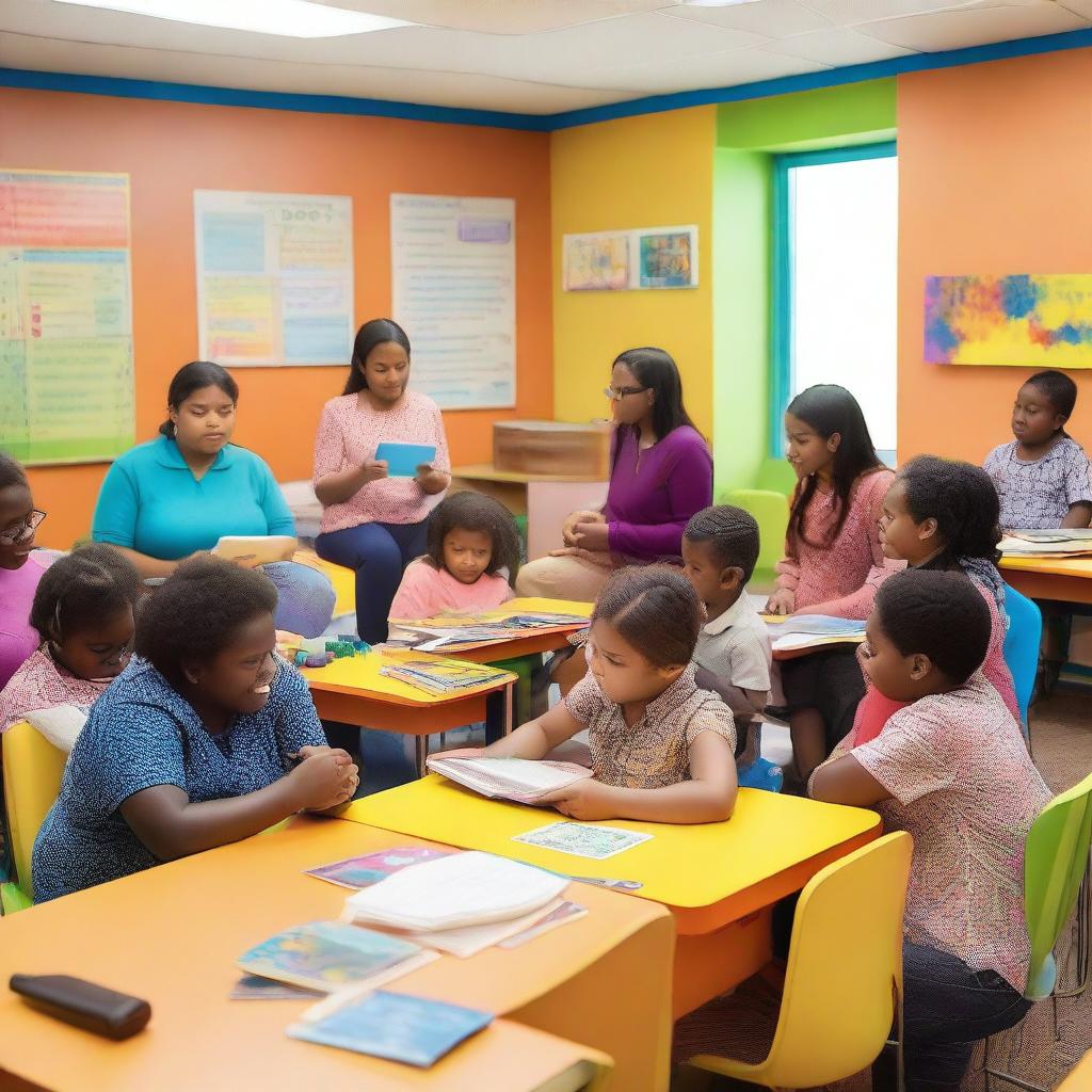 A vibrant and engaging scene showing children and adults learning together in a colorful classroom