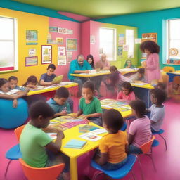 A vibrant and engaging scene showing children and adults learning together in a colorful classroom