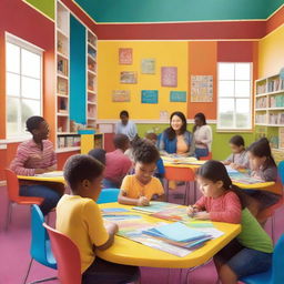 A vibrant and engaging scene showing children and adults learning together in a colorful classroom