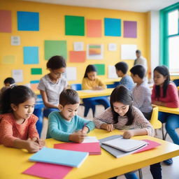 A vibrant and engaging scene showing children and adults learning together in a colorful classroom