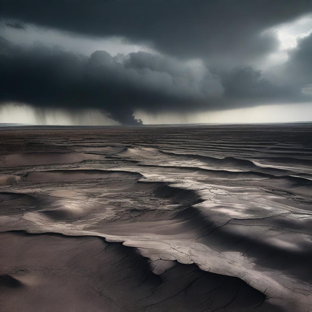 A desolate landscape with broken lands and dark colored smoke rising from the ground