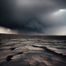 A desolate landscape with broken lands and dark colored smoke rising from the ground