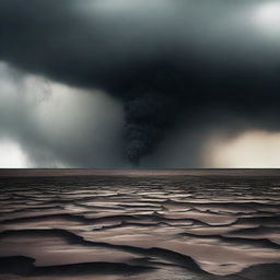 A desolate landscape with broken lands and dark colored smoke rising from the ground