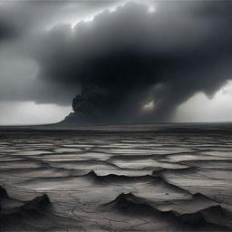 A desolate landscape with broken lands and dark colored smoke rising from the ground