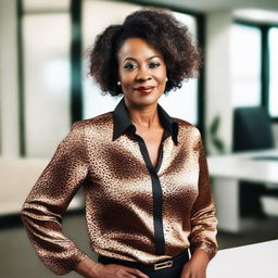 A young-looking 50-year-old ebony woman wearing an animal print satin blouse in an office setting