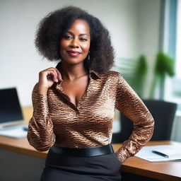 A young-looking 50-year-old ebony woman wearing an animal print satin blouse in an office setting