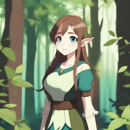 An anime-style illustration of an elf girl with blue eyes and brown hair standing in a lush, green forest