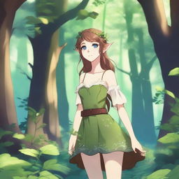 An anime-style illustration of an elf girl with blue eyes and brown hair standing in a lush, green forest