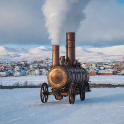 Envision Iceland with a steampunk twist: Reykjavik city reflecting a unique blend of Nordic architectural style and victorian era machinery, geysers powered by antique steam engines, and airships drifting above the icy landscapes.