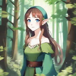 An anime-style illustration of an elf girl with blue eyes and brown hair standing in a lush, green forest