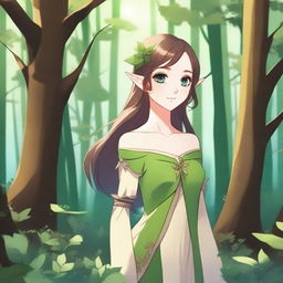 An anime-style illustration of an elf girl with blue eyes and brown hair standing in a lush, green forest