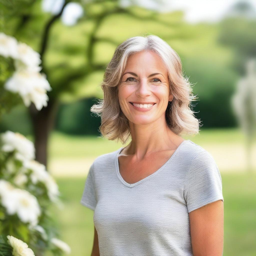 A beautiful and kind woman with a warm smile, wearing casual clothing, standing in a serene outdoor setting with trees and flowers in the background